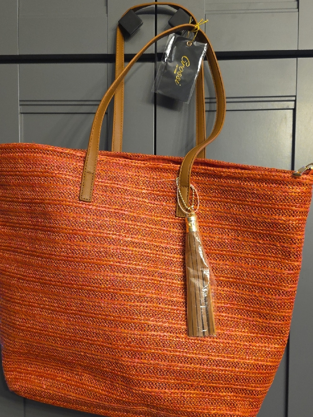 Orange Straw Tote Bag with Tassel